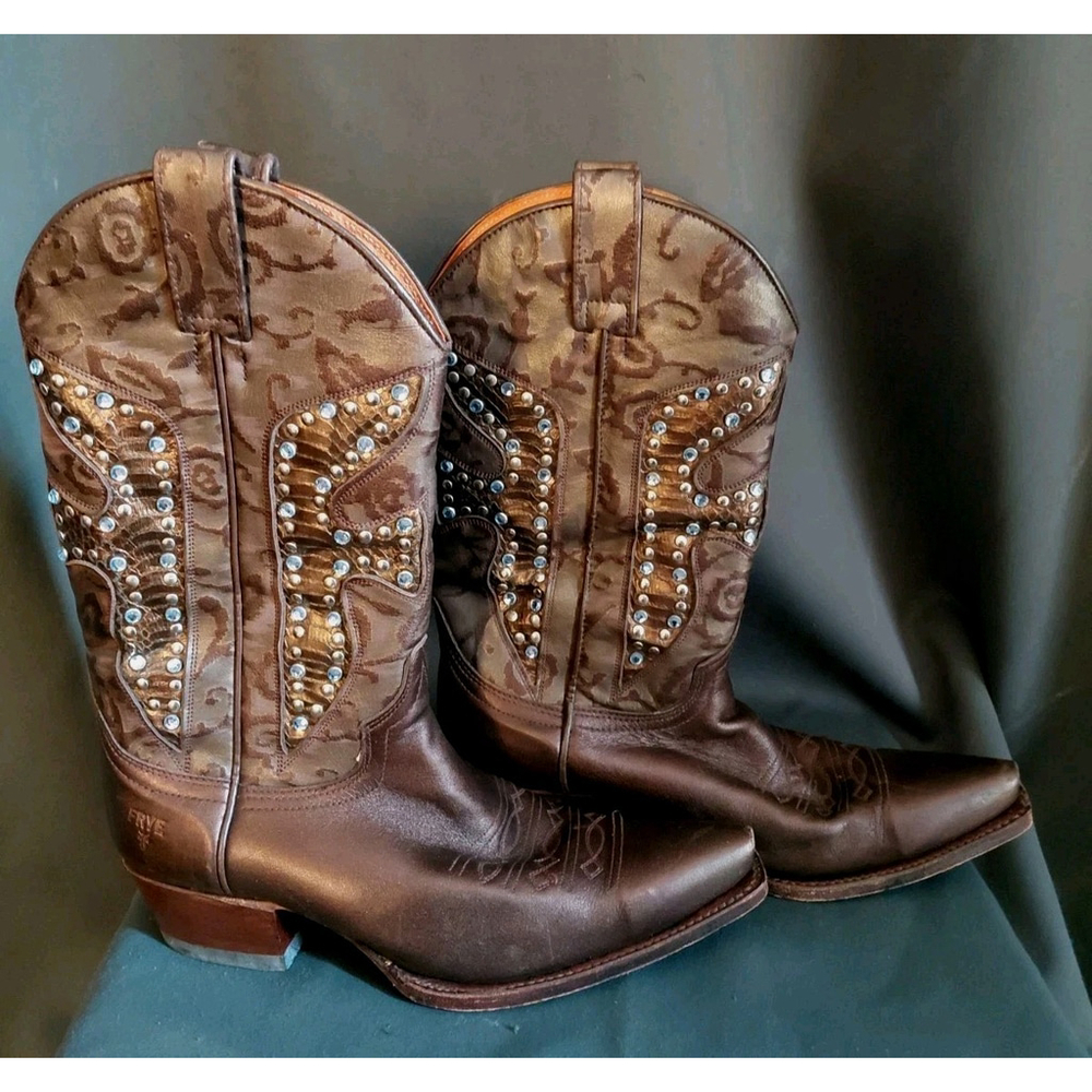 Frye Daisy Duke Cowboy Bronze Leather Mid Calf Embellished Boots Size 7.5 M - Picture 3 of 10